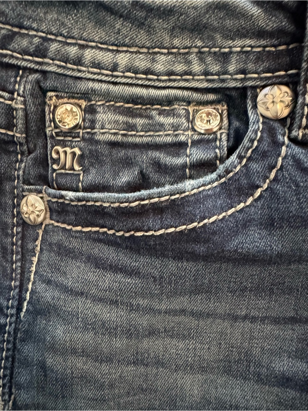 Miss Me Blue Boot Cut Jeans with Cream Embroidered Pocket - Picture 5 of 6